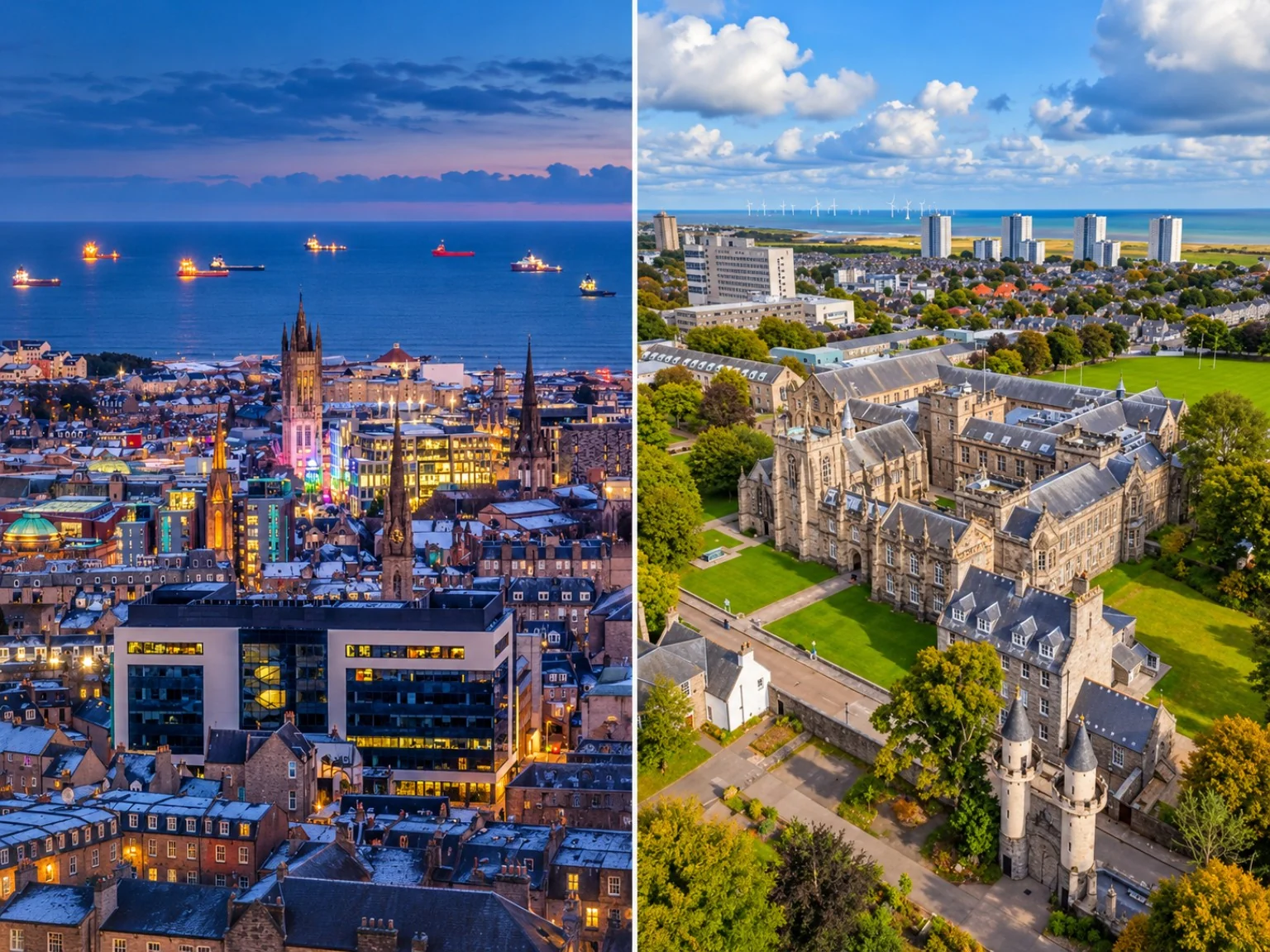 Aberdeen city skyline at dusk and Old Aberdeen university area in daylight